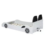 Lit de course pour garçons (taille jumeau), lit en forme de voiture avec lumière LED et dossier rembourré, cadre de lit plateforme en bois pour enfants
