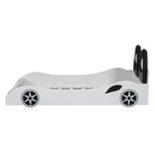 Lit de course pour garçons (taille jumeau), lit en forme de voiture avec lumière LED et dossier rembourré, cadre de lit plateforme en bois pour enfants