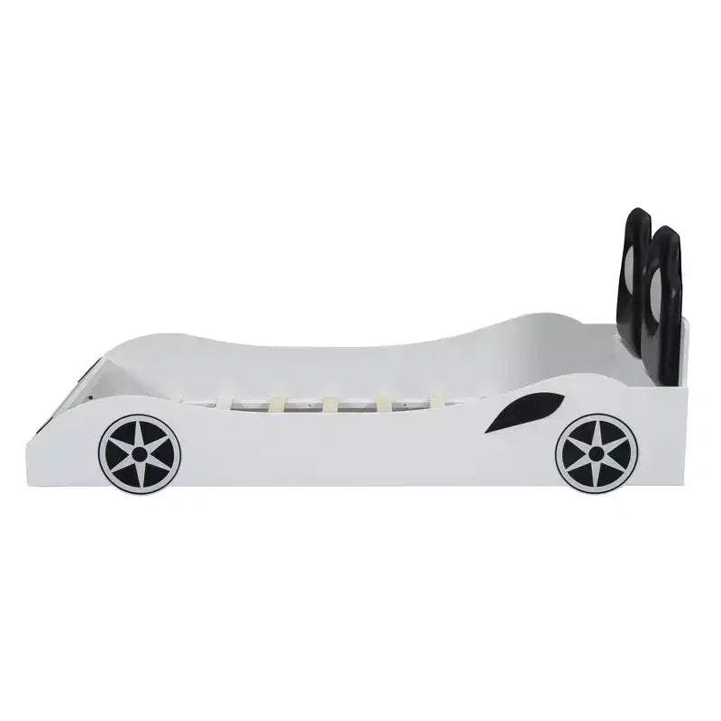Lit de course pour garçons (taille jumeau), lit en forme de voiture avec lumière LED et dossier rembourré, cadre de lit plateforme en bois pour enfants
