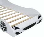 Lit de course pour garçons (taille jumeau), lit en forme de voiture avec lumière LED et dossier rembourré, cadre de lit plateforme en bois pour enfants