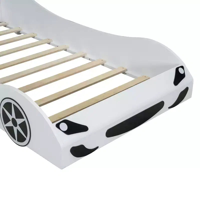 Lit de course pour garçons (taille jumeau), lit en forme de voiture avec lumière LED et dossier rembourré, cadre de lit plateforme en bois pour enfants