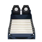 Lit de course pour garçons (taille jumeau), lit en forme de voiture avec lumière LED et dossier rembourré, cadre de lit plateforme en bois pour enfants
