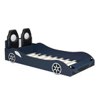 Lit de course pour garçons (taille jumeau), lit en forme de voiture avec lumière LED et dossier rembourré, cadre de lit plateforme en bois pour enfants
