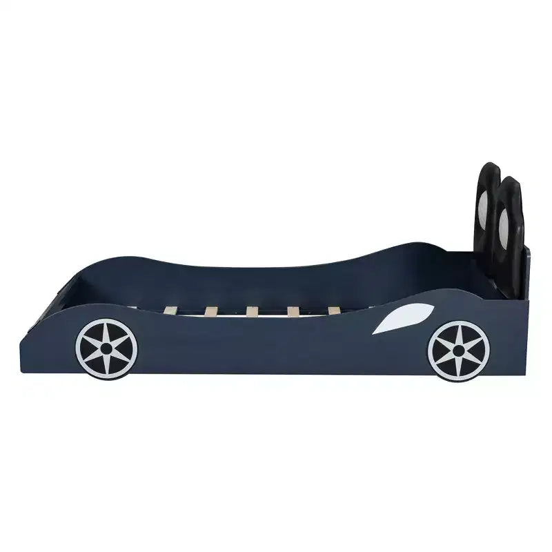 Lit de course pour garçons (taille jumeau), lit en forme de voiture avec lumière LED et dossier rembourré, cadre de lit plateforme en bois pour enfants