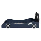 Lit de course pour garçons (taille jumeau), lit en forme de voiture avec lumière LED et dossier rembourré, cadre de lit plateforme en bois pour enfants