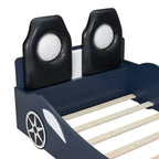 Lit de course pour garçons (taille jumeau), lit en forme de voiture avec lumière LED et dossier rembourré, cadre de lit plateforme en bois pour enfants