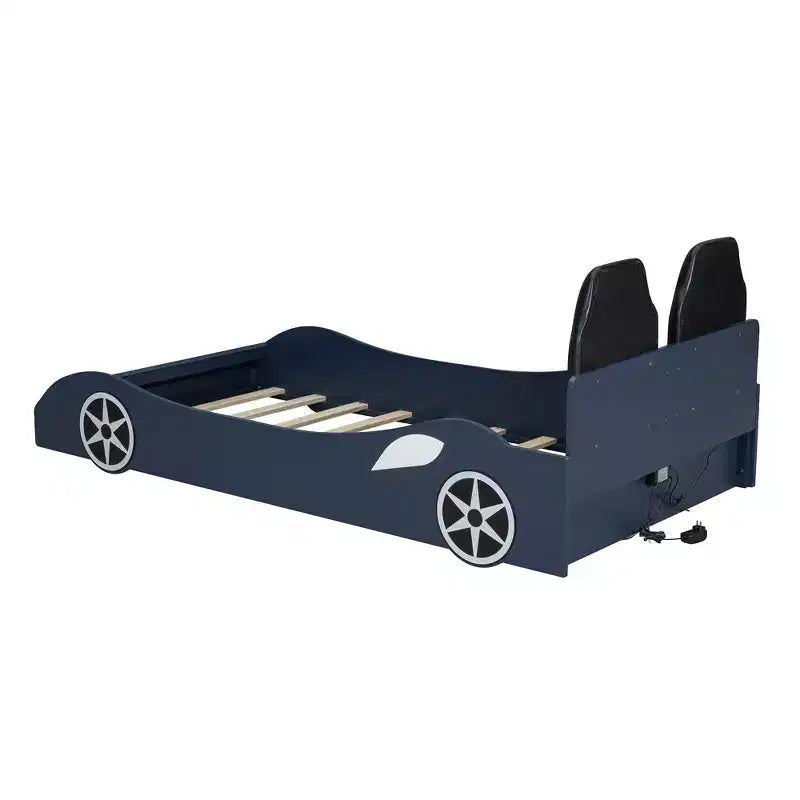 Lit de course pour garçons (taille jumeau), lit en forme de voiture avec lumière LED et dossier rembourré, cadre de lit plateforme en bois pour enfants