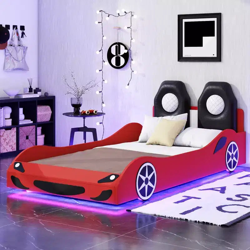 Lit de course pour garçons (taille jumeau), lit en forme de voiture avec lumière LED et dossier rembourré, cadre de lit plateforme en bois pour enfants