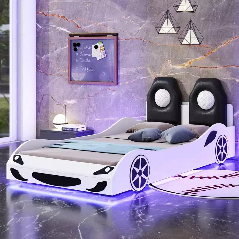Lit de course pour garçons (taille jumeau), lit en forme de voiture avec lumière LED et dossier rembourré, cadre de lit plateforme en bois pour enfants