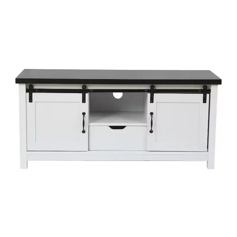 LuxenHome 47.3W Farmhouse TV Stands for Living Room with Sliding Barn Door, Media Console with Storage and Drawer White