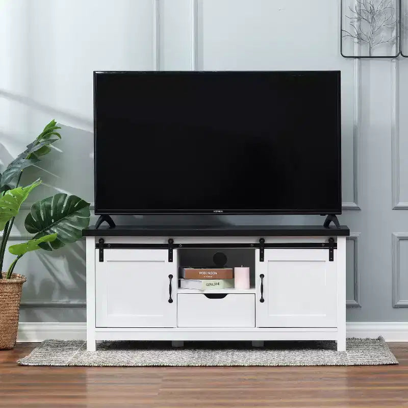 Meuble TV de ferme de 47,3 po de large pour salon avec porte coulissante de style grange, console multimédia avec rangement et tiroir blanc