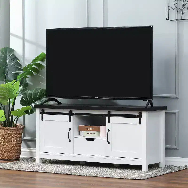 Meuble TV de ferme de 47,3 po de large pour salon avec porte coulissante de style grange, console multimédia avec rangement et tiroir blanc