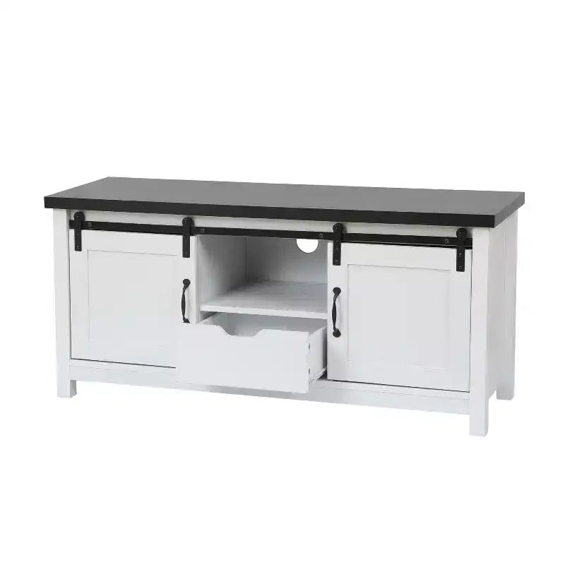 Meuble TV de ferme de 47,3 po de large pour salon avec porte coulissante de style grange, console multimédia avec rangement et tiroir blanc