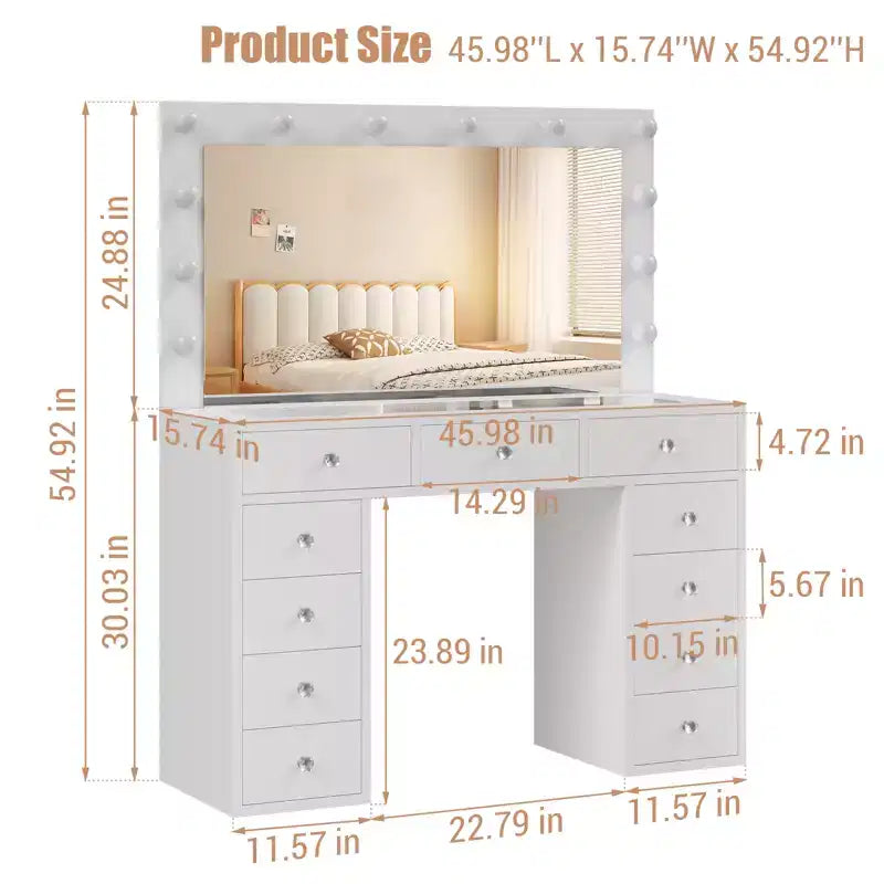 Coiffeuse avec prise de courant, 11 tiroirs de rangement avec miroir et 12 lumières LED, idéale pour les chambres