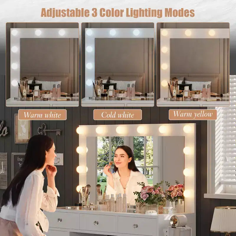 Coiffeuse avec prise de courant, 11 tiroirs de rangement avec miroir et 12 lumières LED, idéale pour les chambres