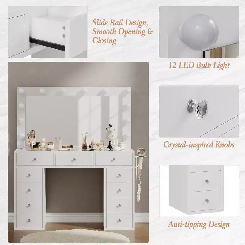 Coiffeuse avec prise de courant, 11 tiroirs de rangement avec miroir et 12 lumières LED, idéale pour les chambres