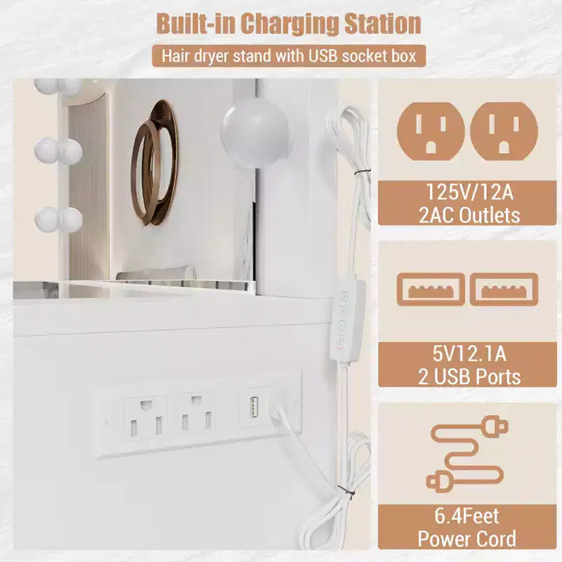 Coiffeuse avec prise de courant, 11 tiroirs de rangement avec miroir et 12 lumières LED, idéale pour les chambres