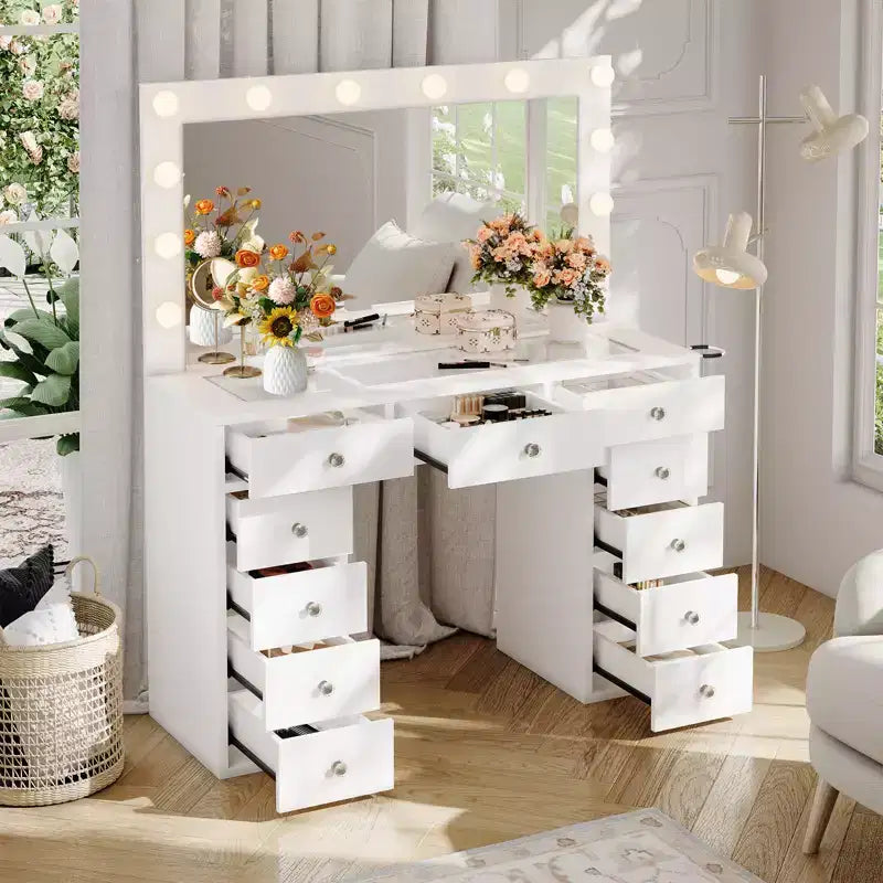 Coiffeuse avec prise de courant, 11 tiroirs de rangement avec miroir et 12 lumières LED, idéale pour les chambres