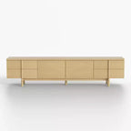 Meuble TV style moderne 220 cm avec poignées et pieds en bois massif, charnières à fermeture douce + trous de gestion des câbles couleur naturelle