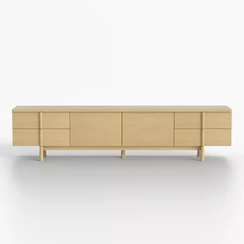 Meuble TV style moderne 220 cm avec poignées et pieds en bois massif, charnières à fermeture douce + trous de gestion des câbles couleur naturelle