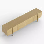 Meuble TV style moderne 220 cm avec poignées et pieds en bois massif, charnières à fermeture douce + trous de gestion des câbles couleur naturelle