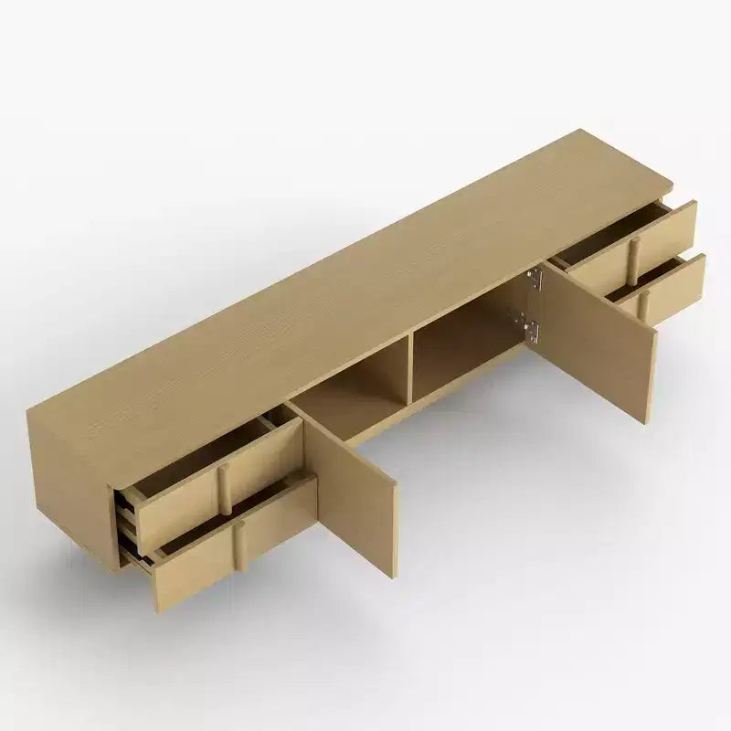 Meuble TV style moderne 220 cm avec poignées et pieds en bois massif, charnières à fermeture douce + trous de gestion des câbles couleur naturelle