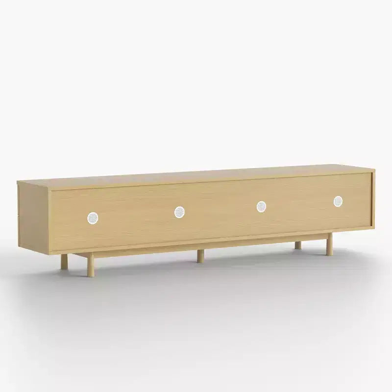 Meuble TV style moderne 220 cm avec poignées et pieds en bois massif, charnières à fermeture douce + trous de gestion des câbles couleur naturelle