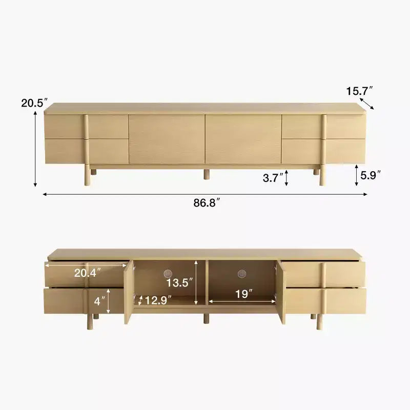 Meuble TV style moderne 220 cm avec poignées et pieds en bois massif, charnières à fermeture douce + trous de gestion des câbles couleur naturelle