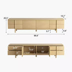 Meuble TV style moderne 220 cm avec poignées et pieds en bois massif, charnières à fermeture douce + trous de gestion des câbles couleur naturelle