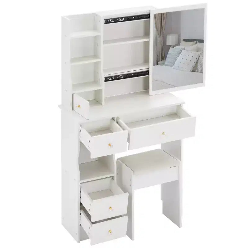 Coiffeuse de 74 cm avec tabouret rembourré et miroir coulissant à droite, coiffeuse multicouche avec rangement grande capacité, table de maquillage