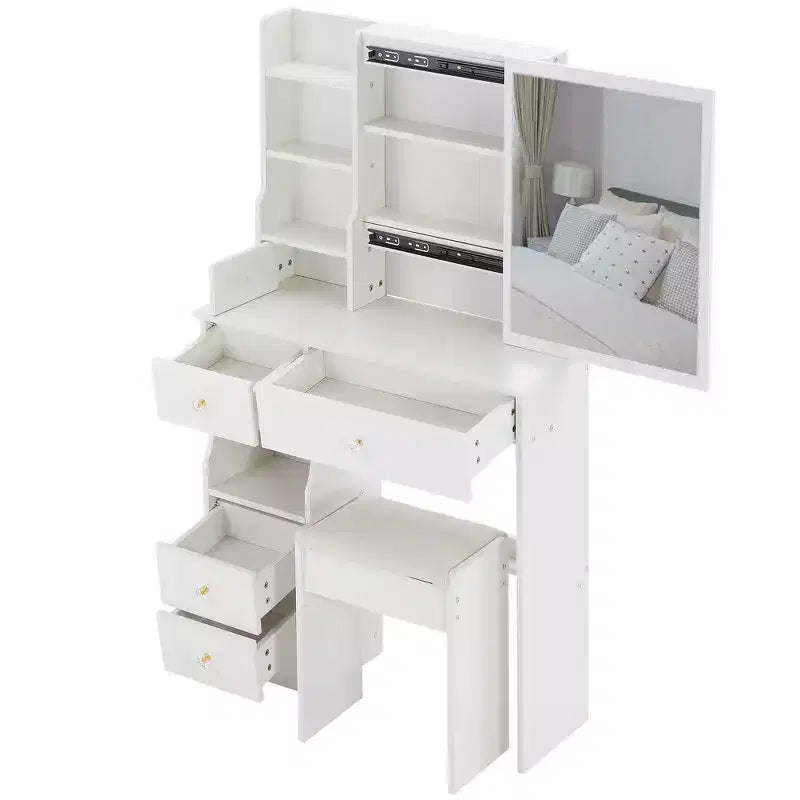 Coiffeuse de 74 cm avec tabouret rembourré et miroir coulissant à droite, coiffeuse multicouche avec rangement grande capacité, table de maquillage
