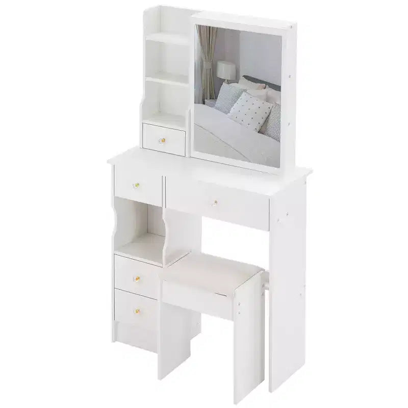 Coiffeuse de 74 cm avec tabouret rembourré et miroir coulissant à droite, coiffeuse multicouche avec rangement grande capacité, table de maquillage
