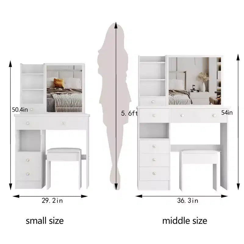 Coiffeuse de 74 cm avec tabouret rembourré et miroir coulissant à droite, coiffeuse multicouche avec rangement grande capacité, table de maquillage
