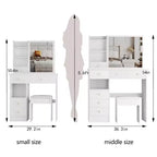 Coiffeuse de 74 cm avec tabouret rembourré et miroir coulissant à droite, coiffeuse multicouche avec rangement grande capacité, table de maquillage