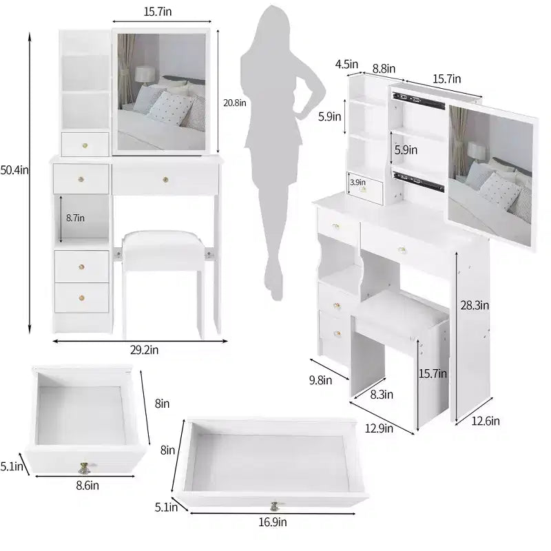 Coiffeuse de 74 cm avec tabouret rembourré et miroir coulissant à droite, coiffeuse multicouche avec rangement grande capacité, table de maquillage