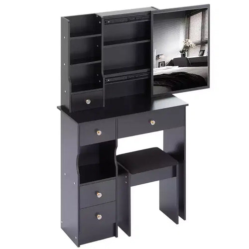 Coiffeuse de 74 cm avec tabouret rembourré et miroir coulissant à droite, coiffeuse multicouche avec rangement grande capacité, table de maquillage