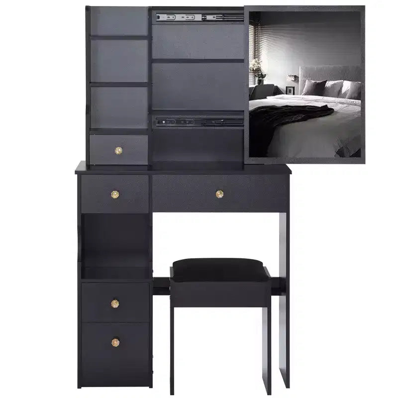 Coiffeuse de 74 cm avec tabouret rembourré et miroir coulissant à droite, coiffeuse multicouche avec rangement grande capacité, table de maquillage