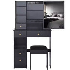 Coiffeuse de 74 cm avec tabouret rembourré et miroir coulissant à droite, coiffeuse multicouche avec rangement grande capacité, table de maquillage