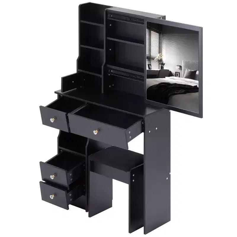 Coiffeuse de 74 cm avec tabouret rembourré et miroir coulissant à droite, coiffeuse multicouche avec rangement grande capacité, table de maquillage