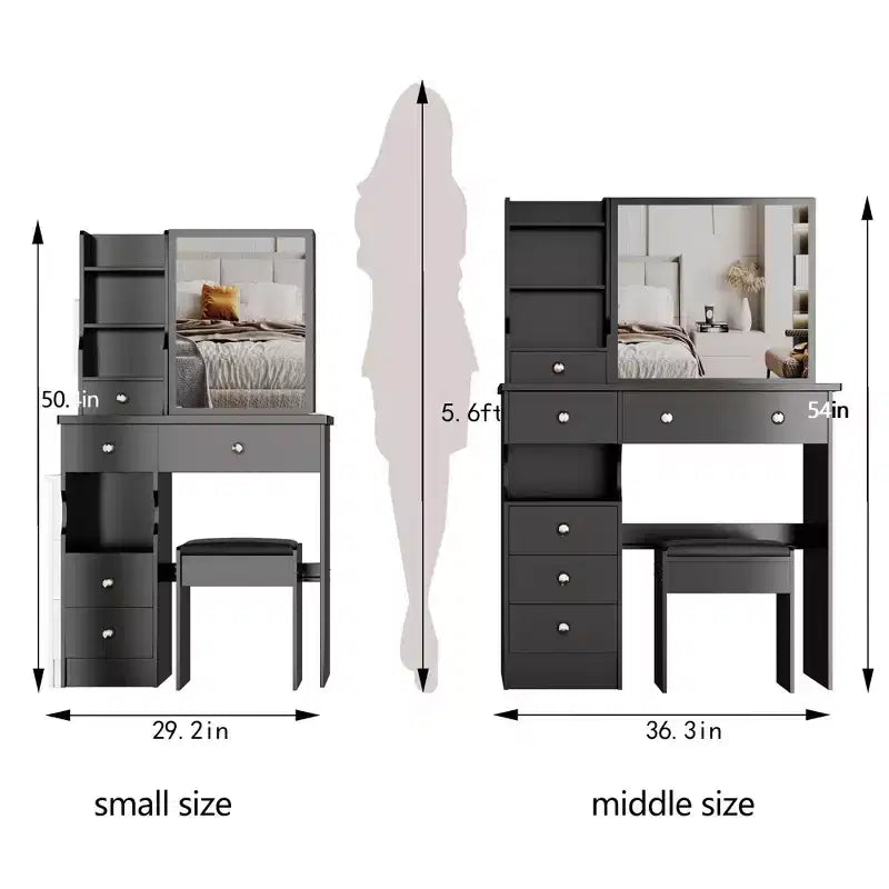 Coiffeuse de 74 cm avec tabouret rembourré et miroir coulissant à droite, coiffeuse multicouche avec rangement grande capacité, table de maquillage