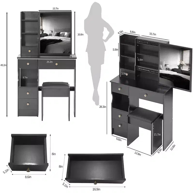 Coiffeuse de 74 cm avec tabouret rembourré et miroir coulissant à droite, coiffeuse multicouche avec rangement grande capacité, table de maquillage