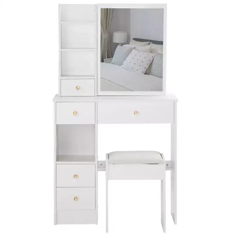 Coiffeuse de 74 cm avec tabouret rembourré et miroir coulissant à droite, coiffeuse multicouche avec rangement grande capacité, table de maquillage