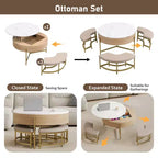 Table basse relevable ronde moderne avec rangement et 3 poufs Blanc et Naturel