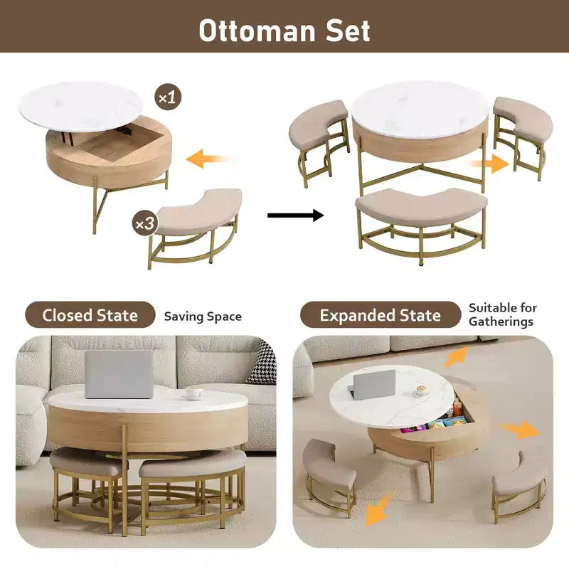 Table basse relevable ronde moderne avec rangement et 3 poufs Blanc et Naturel