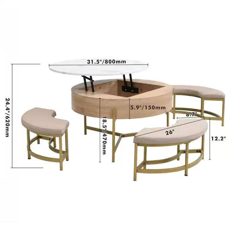 Table basse relevable ronde moderne avec rangement et 3 poufs Blanc et Naturel