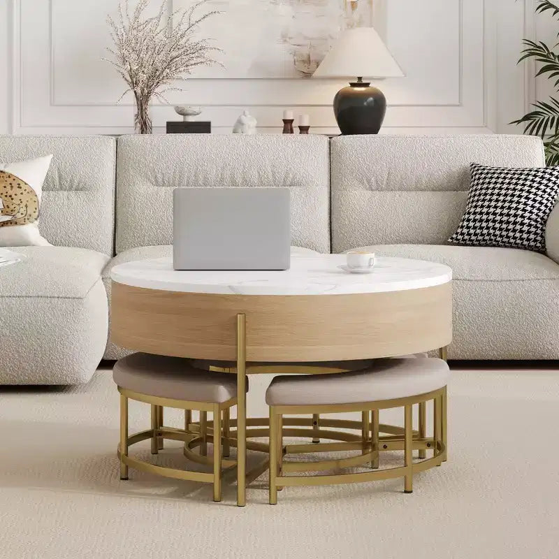 Table basse relevable ronde moderne avec rangement et 3 poufs Blanc et Naturel