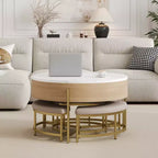 Table basse relevable ronde moderne avec rangement et 3 poufs Blanc et Naturel