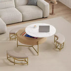 Table basse relevable ronde moderne avec rangement et 3 poufs Blanc et Naturel