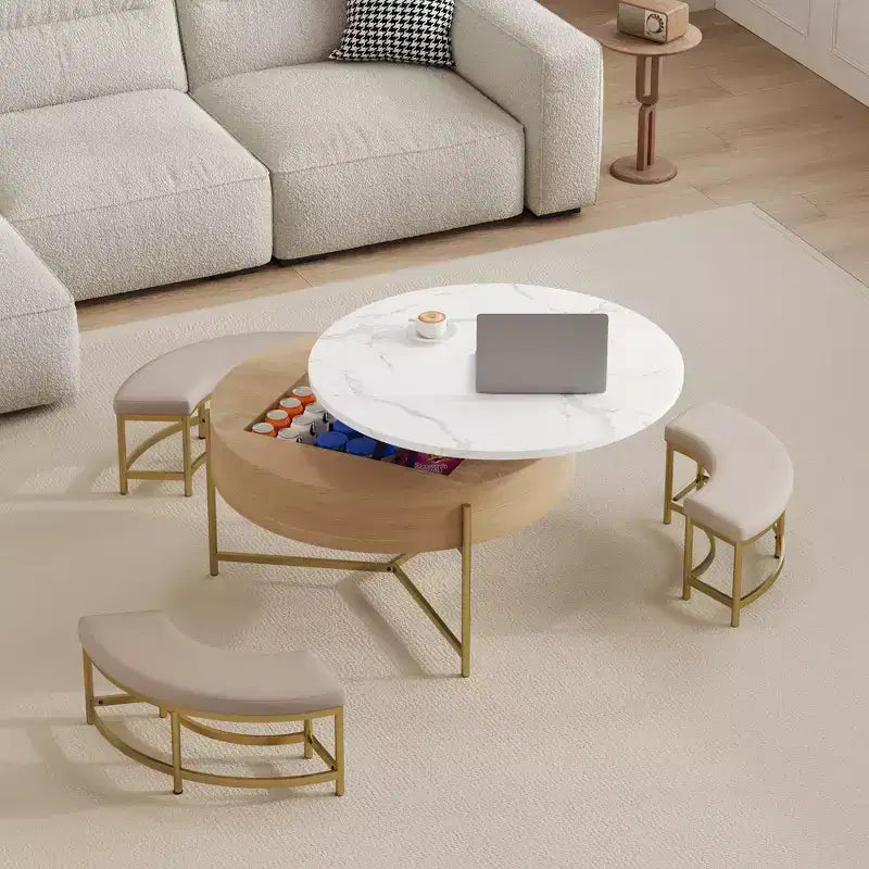 Table basse relevable ronde moderne avec rangement et 3 poufs Blanc et Naturel
