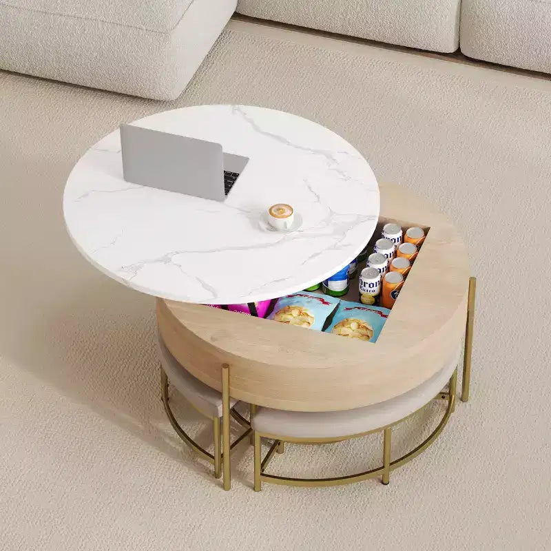 Table basse relevable ronde moderne avec rangement et 3 poufs Blanc et Naturel